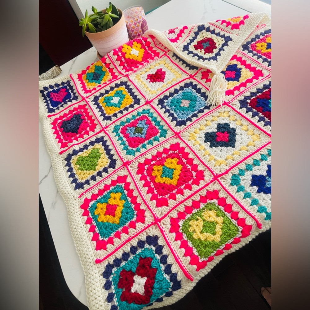 Colorful Crochet Heart Granny Square Throw Blanket